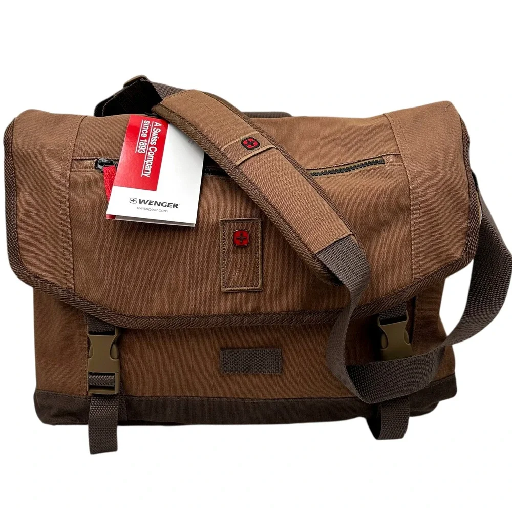 Wenger Water Repelling Waxed‎ Canvas Messenger Shoulder Bag Brown 16in Laptop
